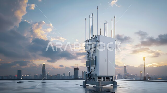 اختصار الجيل الخامس للشبكات على برج اتصال مرتفع، مفهوم المدينة الذكية وشبكة الاتصالات الكبيرة، التقدم في قطاع تكنولوجيا المعلومات،  رؤية سعودية مستقبلية 2030، استخدام التقنيات المتطورة في انشاء المدن الحديثة، منظر تخيلي مستقبلي للأبراج والمباني في السعودية