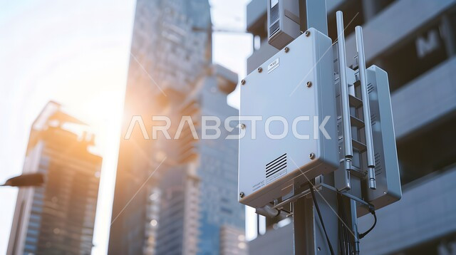 اختصار الجيل الخامس للشبكات على برج اتصال مرتفع، مفهوم المدينة الذكية وشبكة الاتصالات الكبيرة، التقدم في قطاع تكنولوجيا المعلومات،  رؤية سعودية مستقبلية 2030، استخدام التقنيات المتطورة في انشاء المدن الحديثة، منظر تخيلي مستقبلي للأبراج والمباني في السعودية