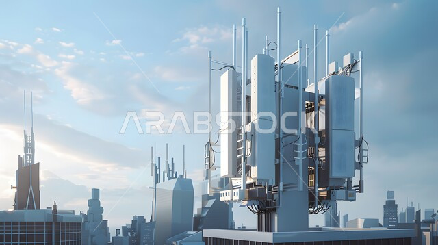 اختصار الجيل الخامس للشبكات على برج اتصال مرتفع، مفهوم المدينة الذكية وشبكة الاتصالات الكبيرة، التقدم في قطاع تكنولوجيا المعلومات،  رؤية سعودية مستقبلية 2030، استخدام التقنيات المتطورة في انشاء المدن الحديثة، منظر تخيلي مستقبلي للأبراج والمباني في السعودية