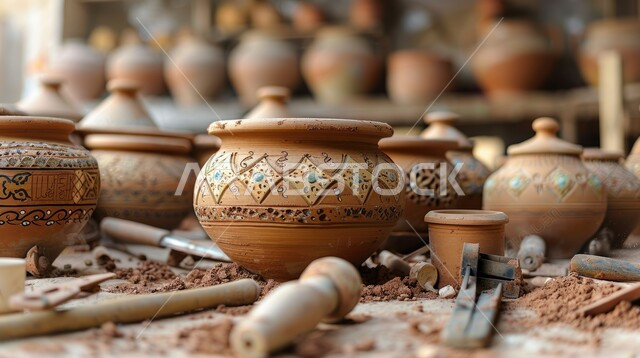  أواني خزفيه مزخرفه ، مهن وصناعات  يدوية  تراثية قديمة في المملكه العربيه السعوديه ، صوره مقربه لآنيه مصنوعه من الفخار في احدى المتاجر الشعبيه ، المنتجات الفخارية  من الطين