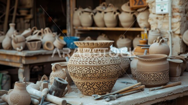 مهن وصناعات  يدوية  تراثية قديمة في المملكه العربيه السعوديه ، صوره مقربه لآنيه مصنوعه من الفخار في احدى المتاجر الشعبيه ، أواني خزفيه مزخرفه ، المنتجات الفخارية  من الطين