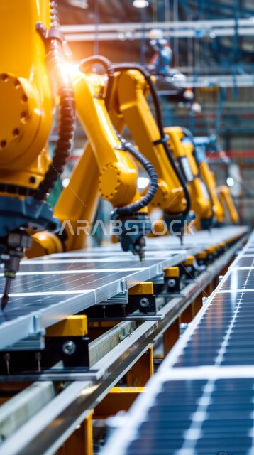 Digital transformation and technical progress, improving production using smart machines and equipment in electronic industries, development of technology and modern technology, a close-up of smart robot arms dealing with cutting solar panels in the factory