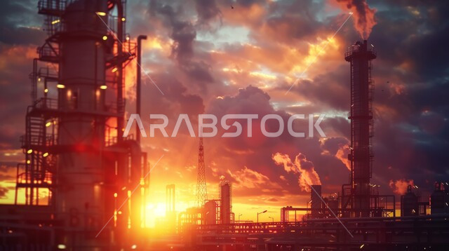 المشاريع البتروكيماوية المساهمة في نهضة الاقتصاد الوطني السعودي، مصانع ومعامل النفط في المملكة العربية السعودية، مصفاة تكرير الغاز، مفهوم هندسة البترول في دول الخليج، إضاءة الأبراج والهياكل المعدنية في وقت الغروب، مستودعات وخزانات كبيرة وضخمة