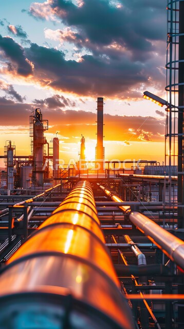 المشاريع البتروكيماوية المساهمة في نهضة الاقتصاد الوطني السعودي، مصانع ومعامل النفط في المملكة العربية السعودية، مصفاة تكرير الغاز، مفهوم هندسة البترول في دول الخليج، إضاءة الأبراج والهياكل المعدنية في وقت الغروب، مستودعات وخزانات كبيرة وضخمة