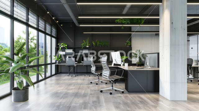 Saudi jobs and professions, modern interior designs and high-end decorations, huge glass facades in the office, white interior design for offices and companies in the Kingdom of Saudi Arabia