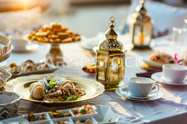 أجواء شهر رمضان المبارك، العزائم والولائم في الأعياد والمناسبات الإسلامية، المقبلات والأطباق والأصناف العربية الشرقية اللذيذة، مائدة طعام مليئة بالوجبات المتنوعة الرمضانية، بوفيه من المأكولات الشعبية التقليدية الشهية