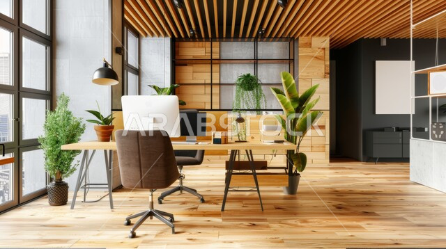 Modern office equipment and elegant and comfortable furniture, modern designs for Saudi home offices, large glass facades, sophisticated wooden interiors in a modern style, natural plant touches