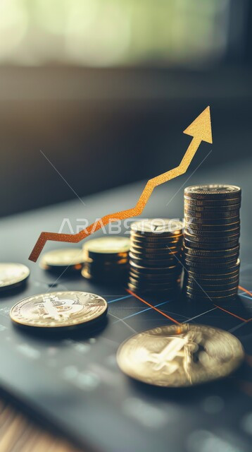 صورة مقربة لمجسم خاص بالعملات الرقمية، مجموعة من عملة البتكوين والاثيريوم، النمو والأرباح المالية، ادخار الأموال للربح، تداول العملة المشفرة، الفوائد والاستثمار المالي، قطع معدنية متدرجة