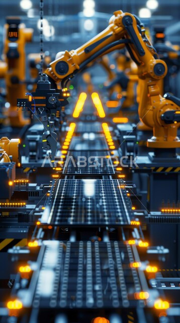 Digital transformation and technical progress, improving production using smart machines and equipment in electronic industries, development of technology and modern technology, a close-up of smart robot arms dealing with cutting solar panels in the factory