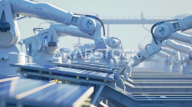 Digital transformation and technical progress, improving production using smart machines and equipment in electronic industries, development of technology and modern technology, a close-up of smart robot arms dealing with cutting solar panels in the factory