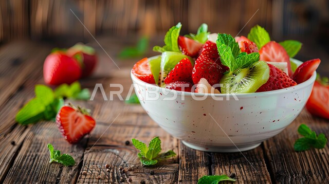 صورة مقربه لطبق من سلطة فواكه طازجة منوعة بالفراولة والكيوي والنعناع، الاهتمام بالزراعة المحلية والاكتفاء الذاتي، المنتجات والمحاصيل الوطنية السعودية الوافرة، مأكولات صحية ومفيدة