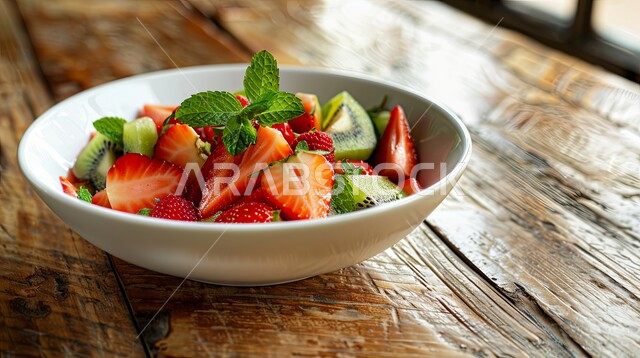 الاهتمام بالزراعة المحلية والاكتفاء الذاتي، المنتجات والمحاصيل الوطنية السعودية الوافرة، مأكولات صحية ومفيدة، صورة مقربه لطبق من سلطة فواكه طازجة منوعة بالفراولة والكيوي والنعناع