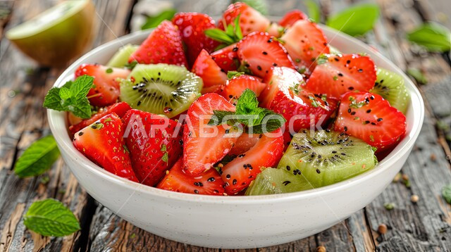 الاهتمام بالزراعة المحلية والاكتفاء الذاتي، المنتجات والمحاصيل الوطنية السعودية الوافرة، مأكولات صحية ومفيدة، صورة مقربه لطبق من سلطة فواكه طازجة منوعة بالفراولة والكيوي والنعناع