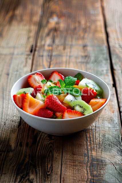 Interest in local agriculture and self-sufficiency, abundant Saudi national products and crops, healthy and beneficial foods, a close-up photo of a plate of assorted fresh fruit salad with strawberries, kiwi and mint.