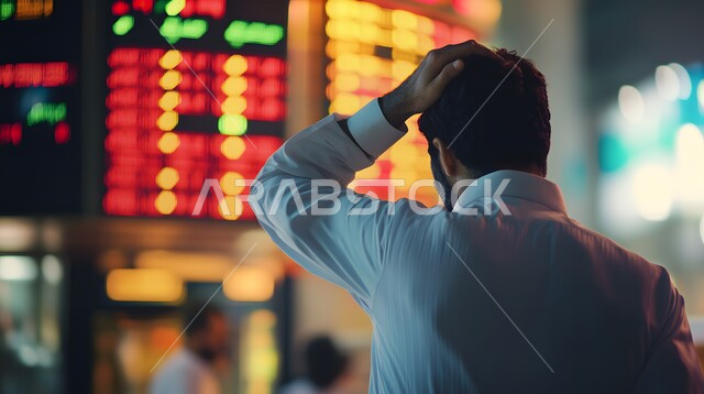 إيماءات الصدمة والدهشة والتفكير، شاشة ذكية بأسهم حمراء وخضراء، صورة من الخلف لرجل عربي خليجي سعودي يرتدي الثوب التقليدي و يضع يده على رأسه في محاولة لمعرفة ما يحدث