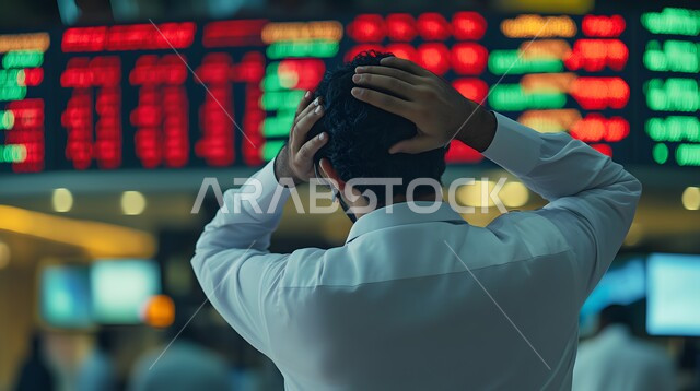 إيماءات الصدمة والدهشة والتفكير، شاشة ذكية بأسهم حمراء وخضراء، صورة من الخلف لرجل عربي خليجي سعودي يرتدي الثوب التقليدي و يضع يده على رأسه في محاولة لمعرفة ما يحدث