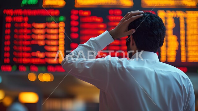 إيماءات الصدمة والدهشة والتفكير، شاشة ذكية بأسهم حمراء وخضراء، صورة من الخلف لرجل عربي خليجي سعودي يرتدي الثوب التقليدي و يضع يده على رأسه في محاولة لمعرفة ما يحدث