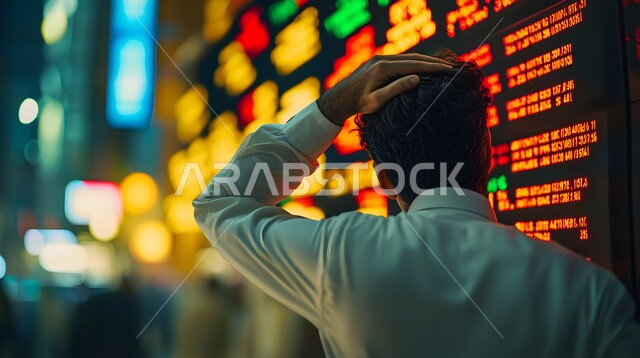 إيماءات الصدمة والدهشة والتفكير، شاشة ذكية بأسهم حمراء وخضراء، صورة من الخلف لرجل عربي خليجي سعودي يرتدي الثوب التقليدي و يضع يده على رأسه في محاولة لمعرفة ما يحدث