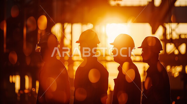 صورة مقربه لمجموعة عمال يقومون بأعمالهم في وقت الغروب، ارتداء الزي الواقي للحمايه من الشرار المتناثر، مصانع المعادن الخام، موظفين ومهندسين في المملكة العربية السعودية