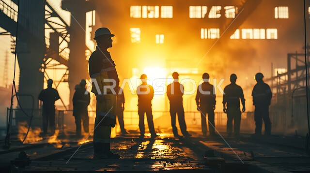 ارتداء الزي الواقي للحمايه من الشرار المتناثر، مجموعة عمال يقومون بأعمالهم في وقت الغروب، مصانع المعادن الخام، موظفين ومهندسين في المملكة العربية السعودية