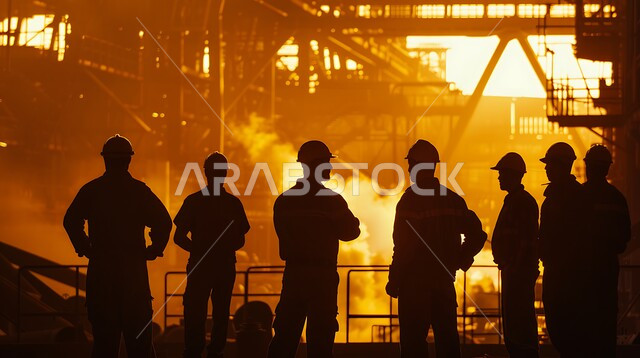 ارتداء الزي الواقي للحمايه من الشرار المتناثر، مجموعة عمال حدادة يقومون بلحام الحديد، مصانع المعادن الخام، موظفين ومهندسين في المملكة العربية السعودية