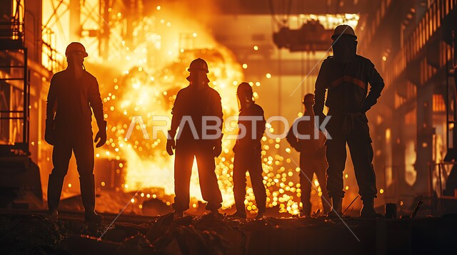 ارتداء الزي الواقي للحمايه من الشرار المتناثر، مجموعة عمال حدادة يقومون بلحام الحديد، مصانع المعادن الخام، موظفين ومهندسين في المملكة العربية السعودية