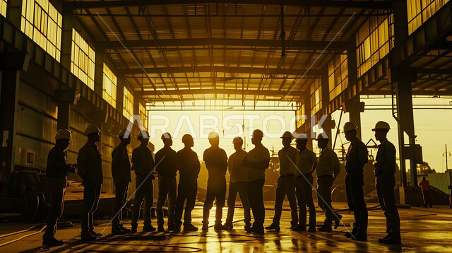 تشييد المباني والمشاريع الضخمة، مفهوم العمل الجماعي والتعاون في أداء المهام، أعمال البناء في وقت الغروب، إنشاء الأساسات والهياكل للمشروعات السكنية والمصانع، ارتداء الزي الواقي للحماية