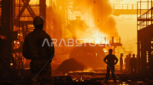 ارتداء الزي الواقي للحمايه من الشرار المتناثر، مجموعة عمال حدادة يقومون بلحام الحديد، مصانع المعادن الخام، موظفين ومهندسين في المملكة العربية السعودية