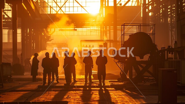 ارتداء الزي الواقي للحمايه من الشرار المتناثر، مجموعة عمال يقومون بأعمالهم في وقت الغروب، مصانع المعادن الخام، موظفين ومهندسين في المملكة العربية السعودية
