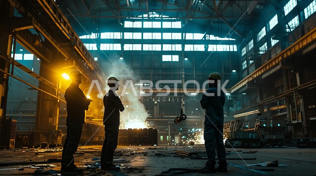 صورة ظلية لعمال يعملون في موقع العمل، أعمال البناء والمقاولات والتطوير العقاري، تشييد المباني والمشاريع الضخمة، إنشاء الأساسات والهياكل للمشروعات السكنية والمصانع