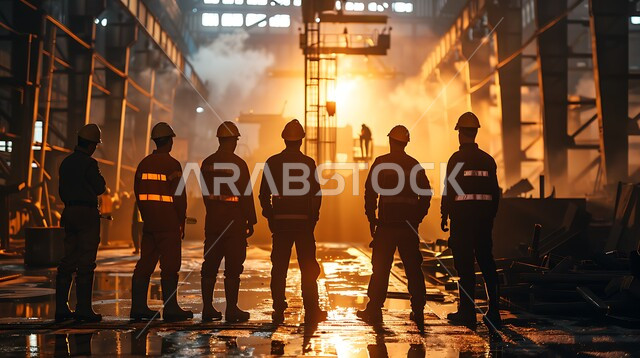 صورة ظلية لمجموعة من العمال، مفهوم العمل الجماعي والتعاون في أداء المهام، أعمال البناء والمقاولات والتطوير العقاري، إنشاء الأساسات والهياكل السكنية والمصانع، تشييد المباني والمشاريع الضخمة