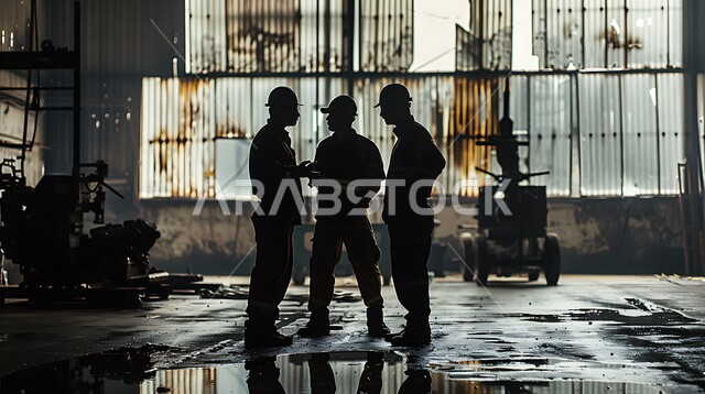 تشييد المباني والمشاريع الضخمة، أعمال البناء والمقاولات والتطوير العقاري، إنشاء الأساسات والهياكل للمشروعات السكنية والمصانع، صورة ظلية لعمال يعملون في موقع العمل