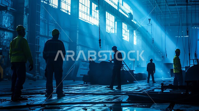 Creating foundations and structures for residential projects and factories, the concept of teamwork and cooperation in performing tasks, construction of buildings and huge projects, construction, contracting and real estate development work, silhouette of a group of workers and engineers