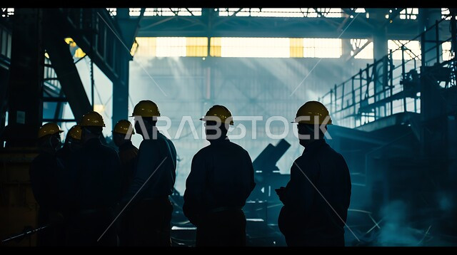 إنشاء الأساسات والهياكل للمشروعات السكنية والمصانع، مفهوم العمل الجماعي والتعاون في أداء المهام، تشييد المباني والمشاريع الضخمة، أعمال البناء والمقاولات والتطوير العقاري، صورة ظلية لمجموعة من العمال والمهندسين