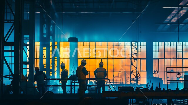 إنشاء الأساسات والهياكل للمشروعات السكنية والمصانع، مفهوم العمل الجماعي والتعاون في أداء المهام، تشييد المباني والمشاريع الضخمة، أعمال البناء والمقاولات والتطوير العقاري، صورة ظلية لمجموعة من العمال والمهندسين