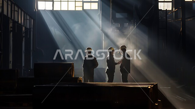 مفهوم العمل الجماعي والتعاون في أداء المهام، تشييد المباني والمشاريع الضخمة، أعمال البناء والمقاولات والتطوير العقاري، إنشاء الأساسات والهياكل للمشروعات السكنية والمصانع، صورة ظلية لمجموعة من العمال والمهندسين