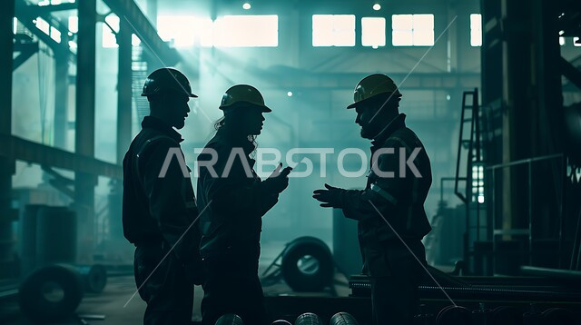 The concept of teamwork and cooperation in performing tasks, constructing buildings and huge projects, construction, contracting and real estate development work, creating foundations and structures for residential projects and factories, silhouette of a group of workers and engineers