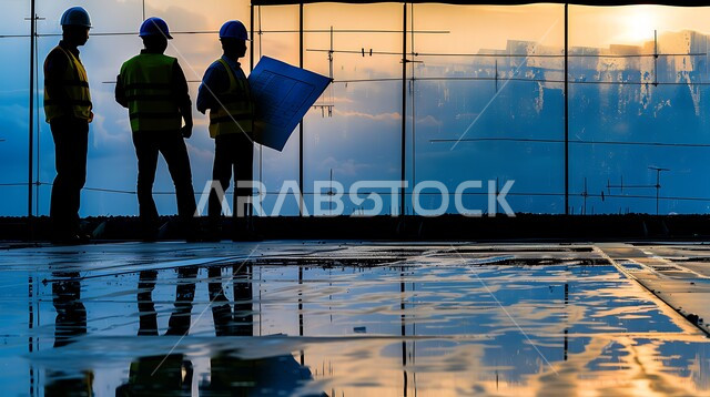 تعاون مجموعة من المهندسيين في وقت الغروب، تشييد المباني والمشاريع الضخمة، أعمال البناء والمقاولات، إنشاء الأساسات والهياكل السكنية والمصانع، التطور المعماري والحضاري