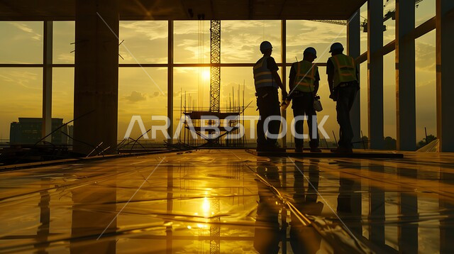 تعاون مجموعة من المهندسيين في وقت الغروب، تشييد المباني والمشاريع الضخمة، أعمال البناء والمقاولات، إنشاء الأساسات والهياكل السكنية والمصانع، التطور المعماري والحضاري