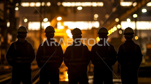 صورة مقربه لمجموعة عمال في وقت الغروب، تشييد المباني والمشاريع الضخمة، أعمال البناء والمقاولات، إنشاء الأساسات والهياكل السكنية والمصانع، التطور المعماري والحضاري