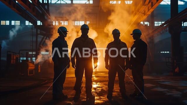 ارتداء الزي الواقي للحمايه من الشرار المتناثر، مجموعة عمال حدادة يقومون بلحام الحديد، مصانع المعادن الخام، موظفين ومهندسين في المملكة العربية السعودية