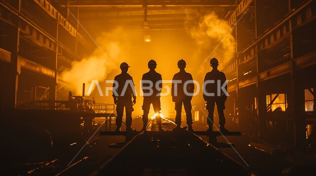 ارتداء الزي الواقي للحمايه من الشرار المتناثر، مجموعة عمال حدادة يقومون بلحام الحديد، مصانع المعادن الخام، موظفين ومهندسين في المملكة العربية السعودية