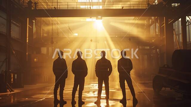 A group of workers working at sunset, constructing buildings and huge projects, construction and contracting work, establishing foundations, residential structures and factories, architectural and cultural development.