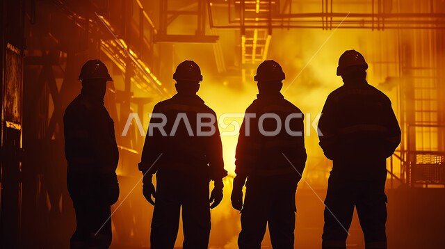 ارتداء الزي الواقي للحمايه من الشرار المتناثر، مجموعة عمال حدادة يقومون بلحام الحديد، مصانع المعادن الخام، موظفين ومهندسين في المملكة العربية السعودية