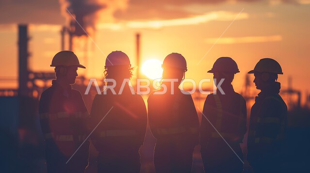 صورة مقربه لمجموعة عمال على سطح منشأة العمل، تشييد المباني والمشاريع الضخمة، أعمال البناء والمقاولات، إنشاء الأساسات والهياكل السكنية والمصانع، التطور المعماري والحضاري