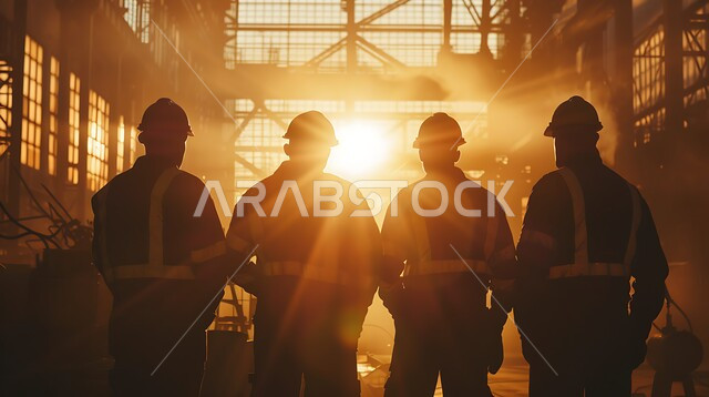 A group of workers working at sunset, constructing buildings and huge projects, construction and contracting work, establishing foundations, residential structures and factories, architectural and cultural development.