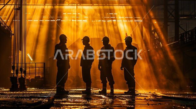 A group of workers working at sunset, constructing buildings and huge projects, construction and contracting work, establishing foundations, residential structures and factories, architectural and cultural development.