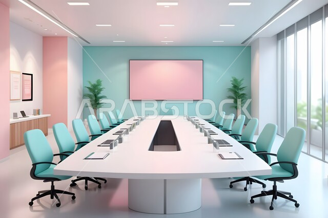غرف مكتبية بتصاميم وديكورات داخلية فخمة ذات ألوان معاصرة متناسقة، التصميم العصري الحديث للمكاتب في الشركات السعودية، غرفة اجتماعات واسعة مع طاولة محاطة بكراسي، النوافذ والواجهات الزجاجية