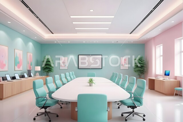 غرف مكتبية بتصاميم وديكورات داخلية فخمة ذات ألوان معاصرة متناسقة، التصميم العصري الحديث للمكاتب في الشركات السعودية، غرفة اجتماعات واسعة مع طاولة محاطة بكراسي، النوافذ والواجهات الزجاجية