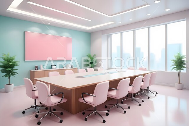 غرف مكتبية بتصاميم وديكورات داخلية فخمة ذات ألوان معاصرة متناسقة، التصميم العصري الحديث للمكاتب في الشركات السعودية، غرفة اجتماعات واسعة مع طاولة محاطة بكراسي، النوافذ والواجهات الزجاجية